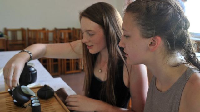 美国学生学习茶艺。（资料图片）